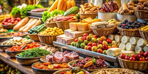Colorful deli food arrangement on a market counter , gourmet delicacies
