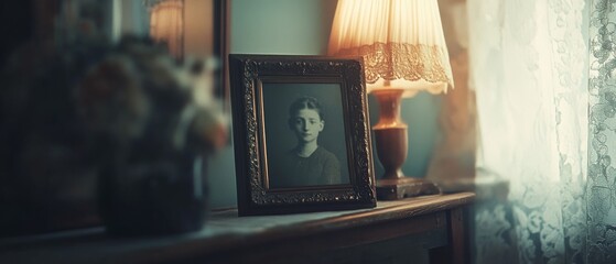 An old framed photo glows softly in the warm light of a vintage lamp, capturing nostalgia and memories on a classic wooden dresser.