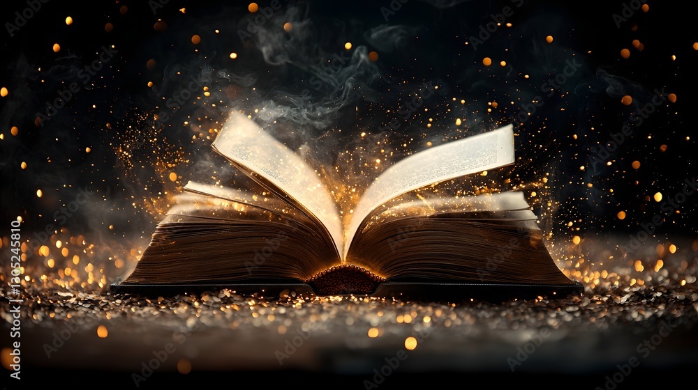 Poster magical glowing light emanating from the pages of an open book against a dark background the composi