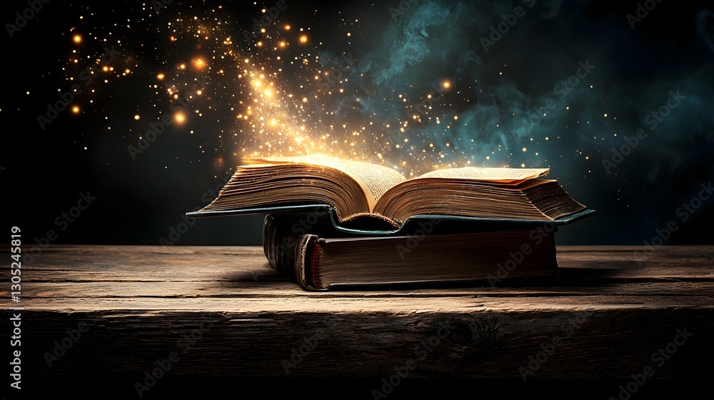 Poster captivating open book radiating ethereal golden light against a mysterious dark background leaving a