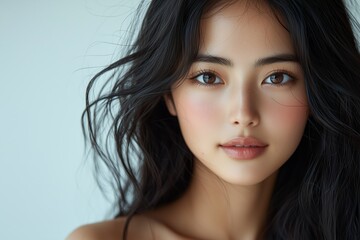 Naklejka premium Elegant woman with long black hair posing gracefully in natural light