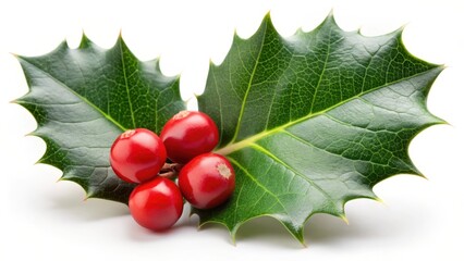 Holly Berry With Leaf Isolated On White Background , floral, foliage,  floral, foliage, autumn, botanical, nature, green