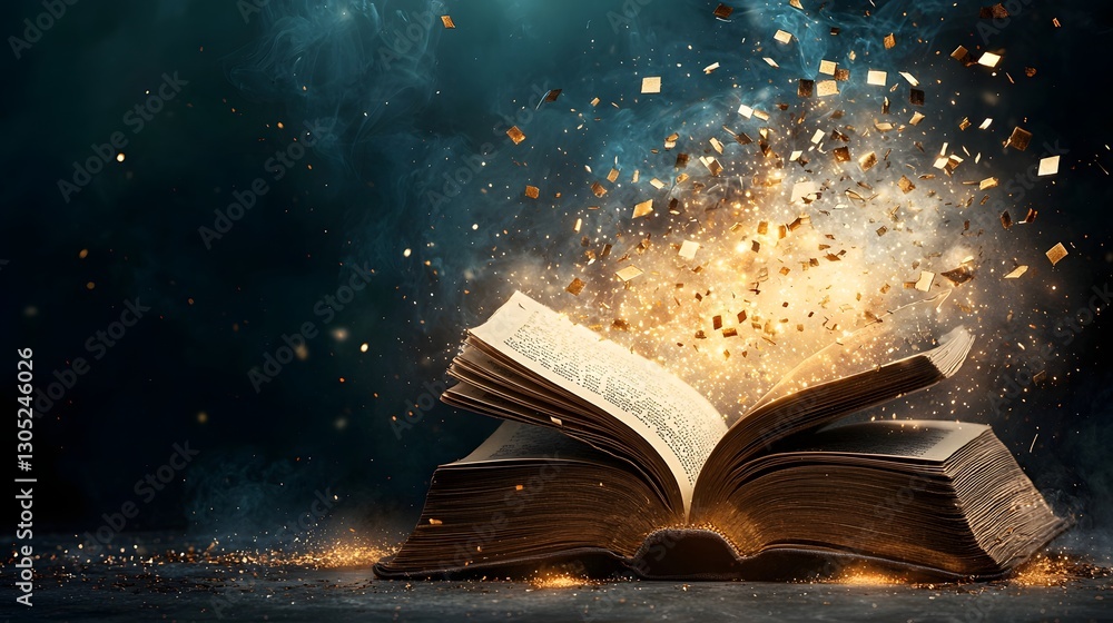 Poster captivating image of an open book with a stunning ethereal golden light rising from its pages set ag