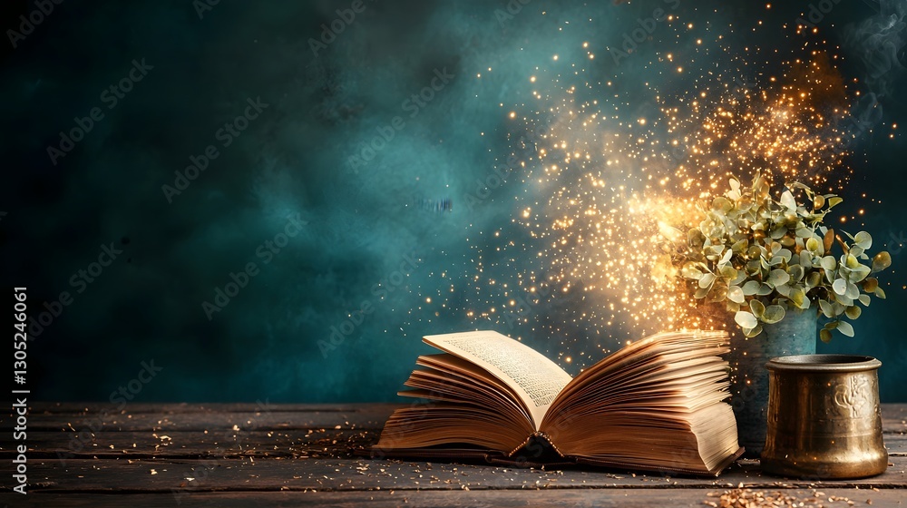 Poster captivating photograph showcasing an open book with a mesmerizing golden light emanating from its pa