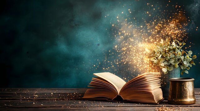 Captivating photograph showcasing an open book with a mesmerizing golden light emanating from its pages set against a dark and atmospheric background creating a magical and scene