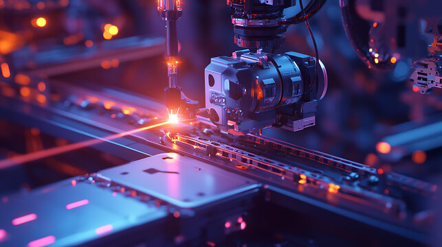 A realistic close-up animation of an autonomous drone welding a structure in a high-tech manufacturing plant, its precision-guided lasers glowing vividly 