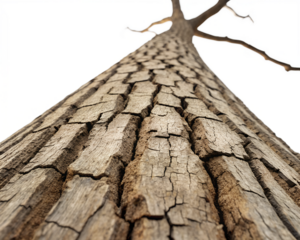 Rough, weathered tree bark with deep grooves and cracks. Focus on creating texture with high contrast between the ridges and the crevices, isolated on a clean transparent background