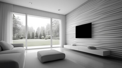 Fototapeta premium Elegant monochrome living room with wavy wall paneling and large windows. Luxury home decor