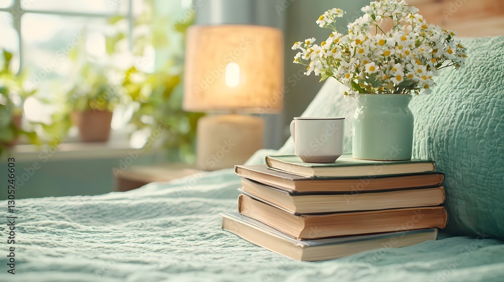 Poster a cozy and tranquil scene featuring a wooden nightstand with a stack of books and a glowing bedside 