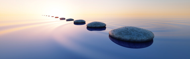 Row of dark stones in calm ocean with evening sun with horizon - tranquil scenery