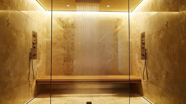 Water gracefully cascades in a luxurious, modern shower room, showcasing elegant marble walls, a wooden bench, and sophisticated shower fixtures Concept of real estate
