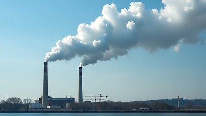smokestacks emit white clouds polluting air contributing global warming issues worldwide