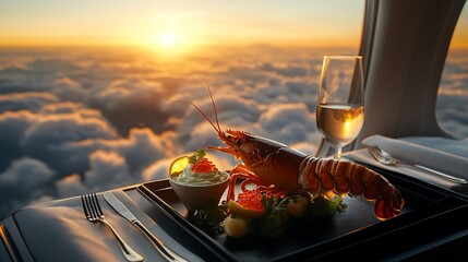 A Michelin-star lobster dinner in first class, featuring a succulent butter-poached lobster, delicate lemon aioli, and gourmet caviar garnish, served on a sleek black tray,