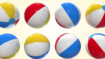 Beach Balls Falling Against a Light Background. Vibrant Color Balls 3D. 4K