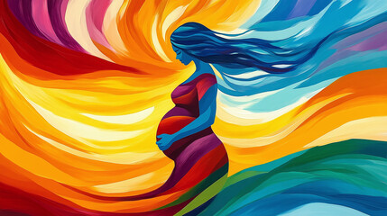 A vibrant artistic rendering of a pregnant woman against a background of swirling colors, symbolizing life, creation, and the beauty of motherhood.