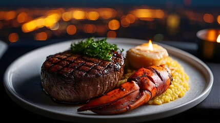 A Michelin-starred surf and turf meal mid-flight, with a filet mignon topped with truffle butter and a grilled lobster tail served with saffron risotto,