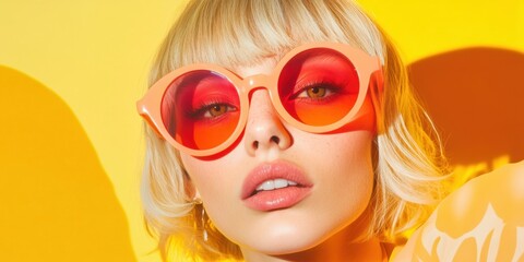 Fototapeta premium Vibrant Gen Z Summer Style Bold Red Oversized Sunglasses Capturing Youthful Confidence and Retro-Modern Fashion Aesthetic for Trend-Driven Visual Merchandising