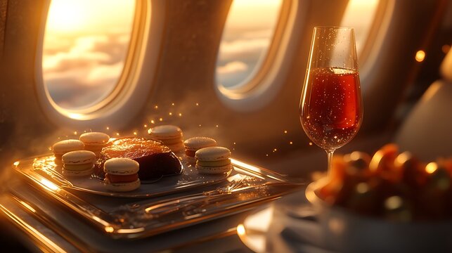 A Michelin-starred meal in a private jet, featuring a carefully plated foie gras torchon, a tray of elegant macarons with shimmering gold dust, and a deep red Bordeaux,