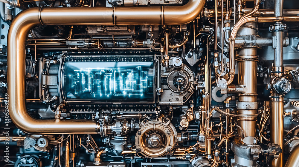 Poster industrial technology machinery displaying digital data in futuristic environment close-up view engi