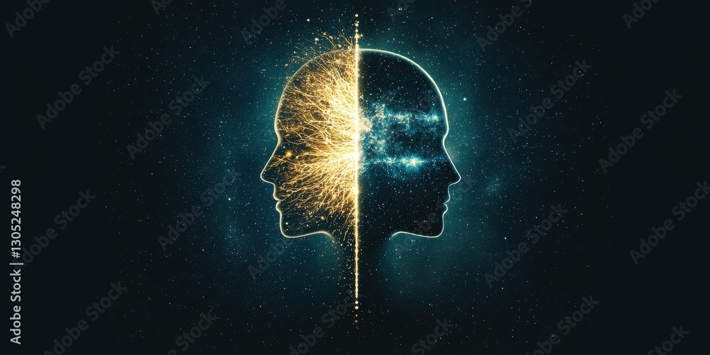 Aufkleber data mining and insights, silhouettes of two faces filled with glowing particles on a dark backgroun
