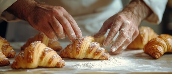 A baker’s hands meticulously craft croissants, the golden pastries dusted with flour as they rest on a wooden surface.