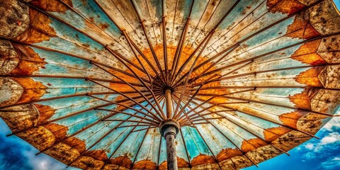 Obraz premium Drone View: Old Umbrella, Worn Fabric, Vintage Parasol, Top Down Perspective, Detailed Texture