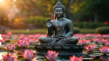 Serene buddha statue amidst floating lotus blossoms in tranquil pond illuminated by a soft golden sunlight emanating peace and spiritual awakening