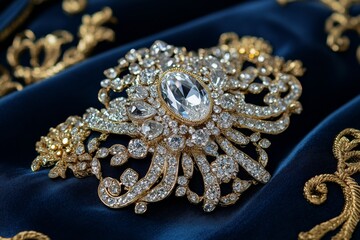 Exquisite vintage brooch adorned with clear gemstones on rich blue fabric showcasing intricate gold...