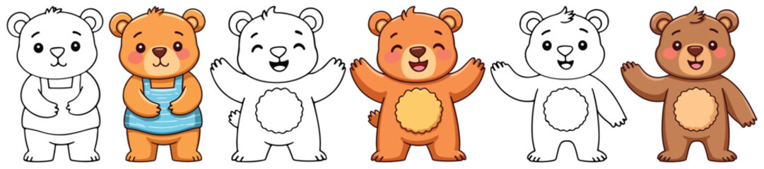 Bears Isolated Line Art Vector Outline Illustration Black and White with Coloring Sample