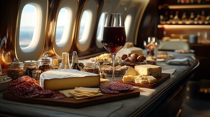 A premium cheese and wine tasting experience mid-flight, with a deep red vintage Bordeaux in a crystal glass, surrounded by a lavish selection of aged cheeses, truffle-infused honey,