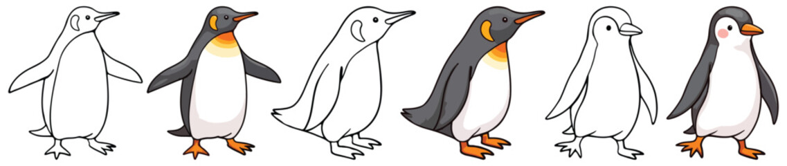 Penguins Isolated Line Art Vector Outline Illustration Black and White with Coloring Sample