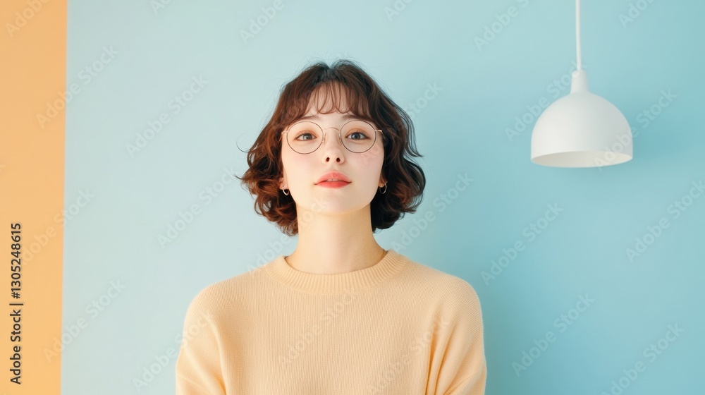 Poster soft minimalist portrait gen z creative professional in pastel color-block studio setting - authenti