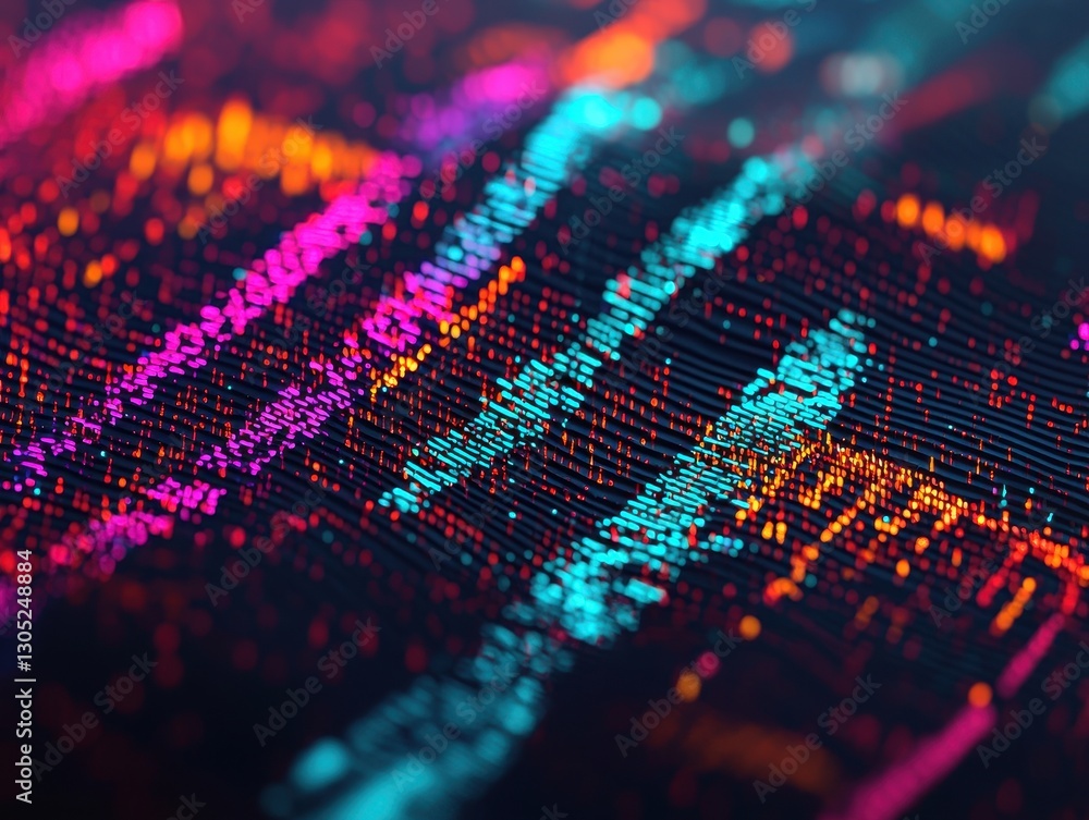 Aufkleber data mining and insights, abstract colorful patterns with vibrant neon hues on a dark background.