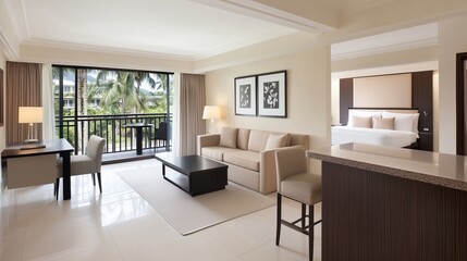 Luxury hotel suite with open-plan living area and tropical view. Elegant travel destination