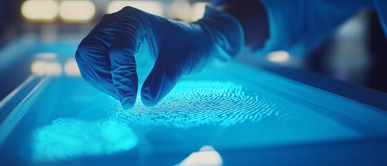A gloved hand examines a luminescent fingerprint, uncovering mysterious patterns under a glowing blue light in a forensic scene.