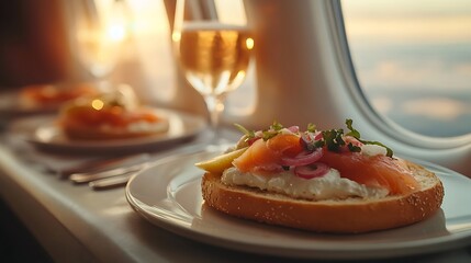 A refined brunch moment at 35,000 feet, featuring a freshly toasted bagel with silky smoked salmon, a generous spread of cream cheese, pickled onions, and a squeeze of lemon,
