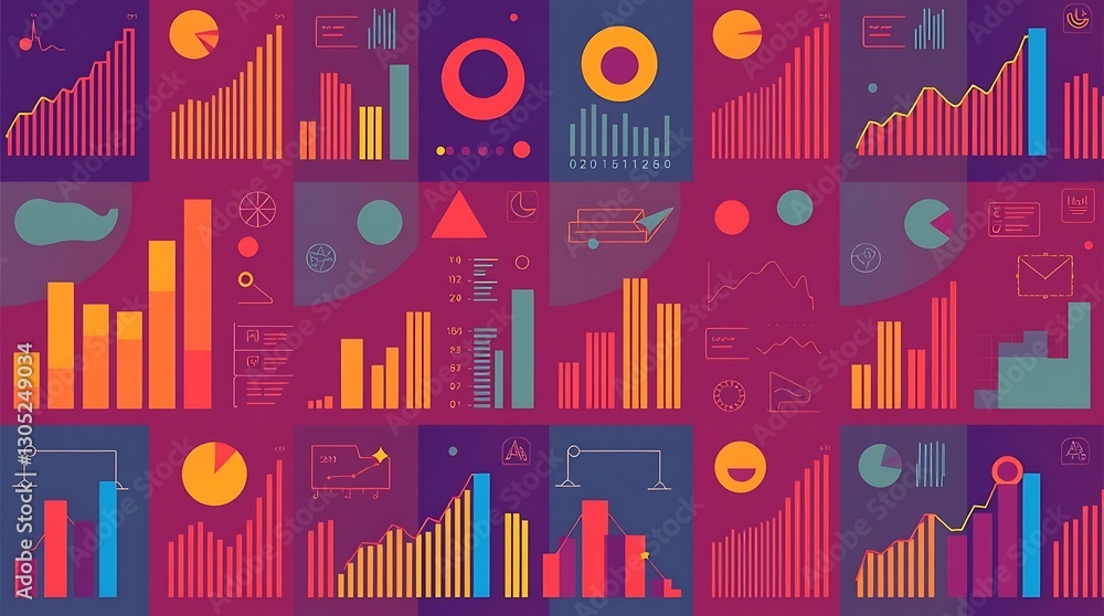 Poster data-driven insights: a vibrant, multicolored illustration showcases a grid of diverse charts and gr