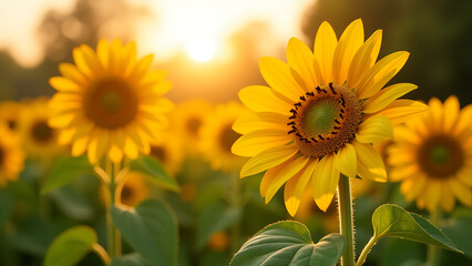 Obraz premium sunflowers brighten spring meadow morning sunrise vibrant yellow petals shining