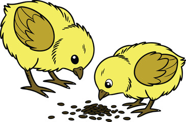 smooth lines, two small yellow chickens pecking grains on the ground 