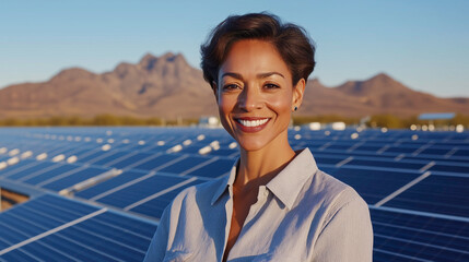 A smiling woman stands confidently among solar panels farm promoting renewable energy and sustainable practices and sustainability awareness.