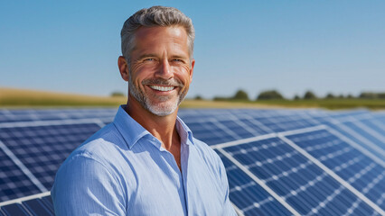 A smiling man stands proudly at a solar farm representing the push for sustainable energy solutions, Clean energy and renewable energy concepts