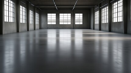 Spacious empty industrial warehouse with large windows and polished concrete floor. Commercial storage