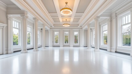 Grand classical hall with tall windows, chandeliers, and white columns. Elegant architecture and event space
