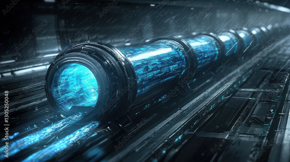 Poster data mining and insights, futuristic pipeline emitting blue light in a dark, technological environme