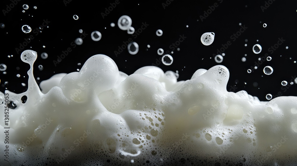 Poster captivating close-up of white foam bubbles against a dark background with water droplets in motion, 