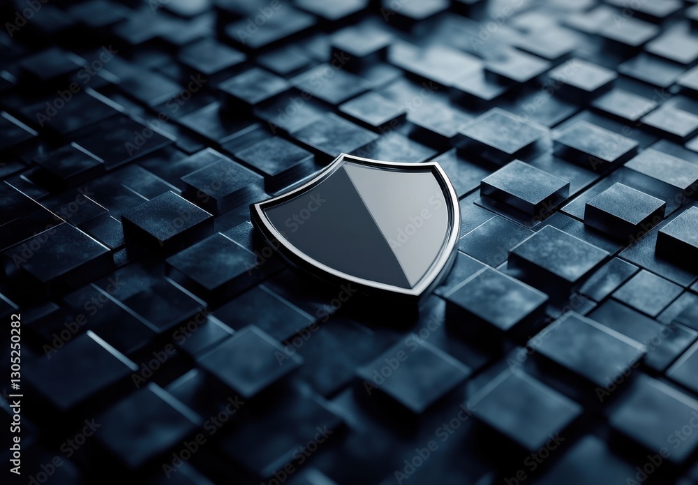 Poster abstract representation of a digital shield icon on a dark textured surface, symbolizing cybersecuri