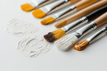 Fototapeta premium Minimalist Art Essentials Professional Watercolor Brushes in Monochrome Palette - Creative Workspace Inspiration for Modern Artists and Content Creators