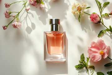 Women's perfume bottle mockup on light background with different flowers