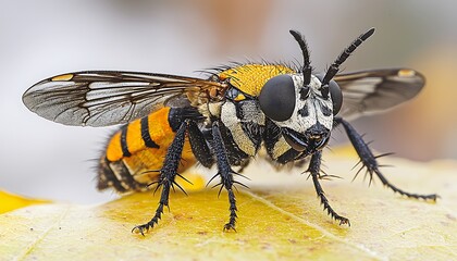 Bee-mimicking fly on autumn leaf closeup