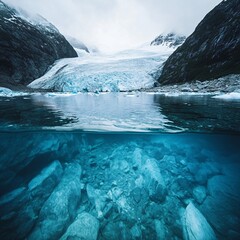 Glacier melting beneath clouds arctic region nature photography cold environment low angle view climate change awareness